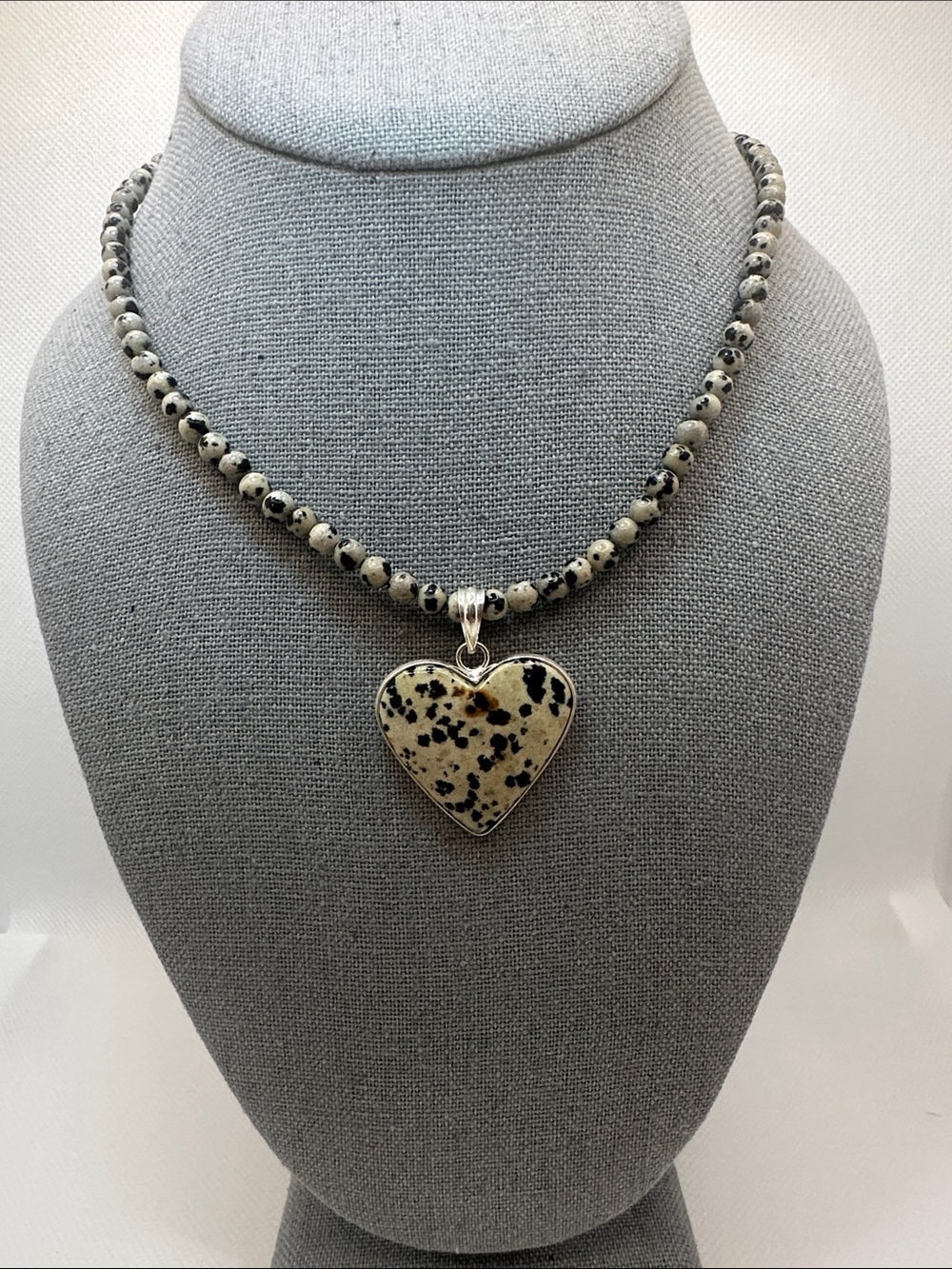 Genuine Dalmatian Jasper Heart Pendant and Stone Silver Plated Necklace